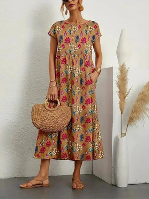 Women’s Boho Printed Midi Dress with Short Sleeves