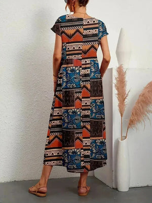 Women’s Boho Printed Midi Dress with Short Sleeves