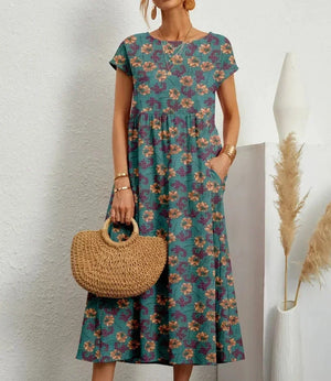 Women’s Boho Printed Midi Dress with Short Sleeves