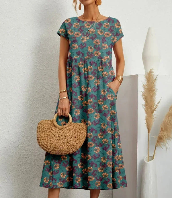 Women’s Boho Printed Midi Dress with Short Sleeves