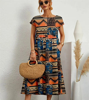Women’s Boho Printed Midi Dress with Short Sleeves