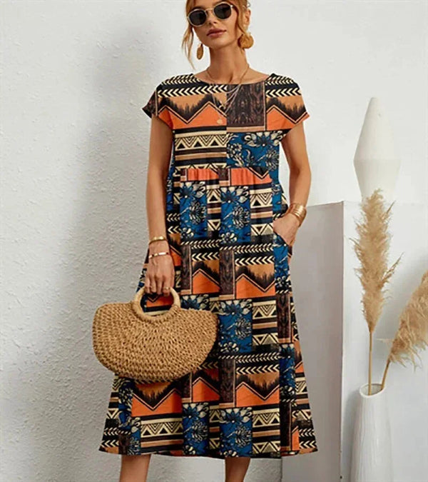 Women’s Boho Printed Midi Dress with Short Sleeves