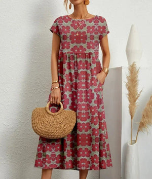 Women’s Boho Printed Midi Dress with Short Sleeves