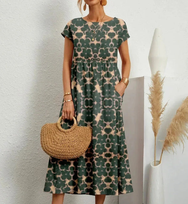Women’s Boho Printed Midi Dress with Short Sleeves