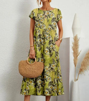 Women’s Boho Printed Midi Dress with Short Sleeves