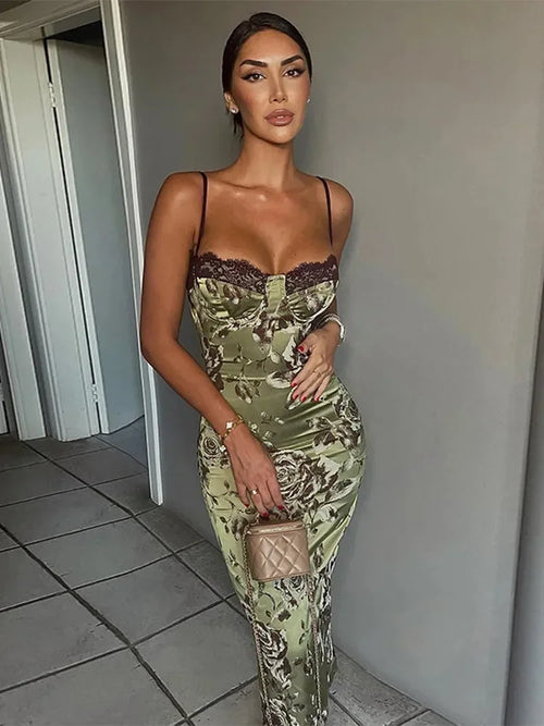 Women’s Floral Satin Corset-Style Midi Dress