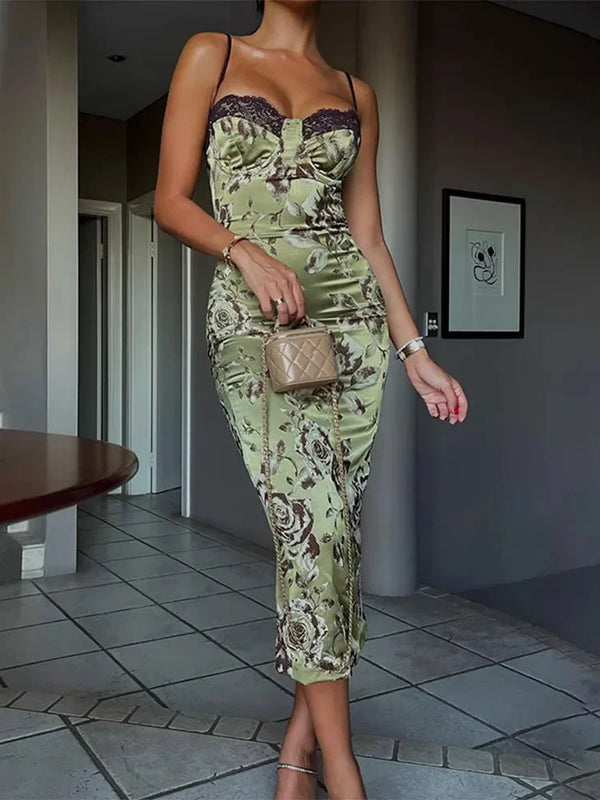 Women’s Floral Satin Corset-Style Midi Dress
