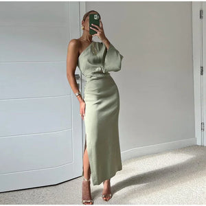 Women's Satin Halter Neck Maxi Dress with Side Slit
