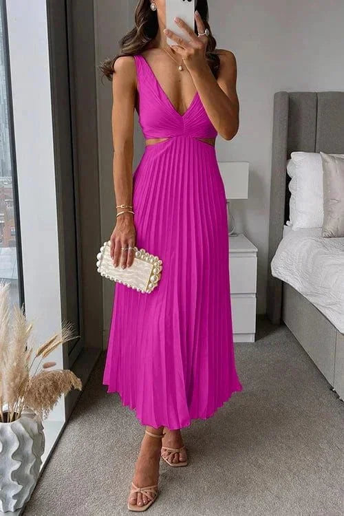 Vestido midi plisado con recortes y escote en V para mujer