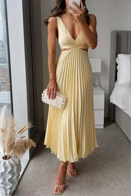 Vestido midi plisado con recortes y escote en V para mujer
