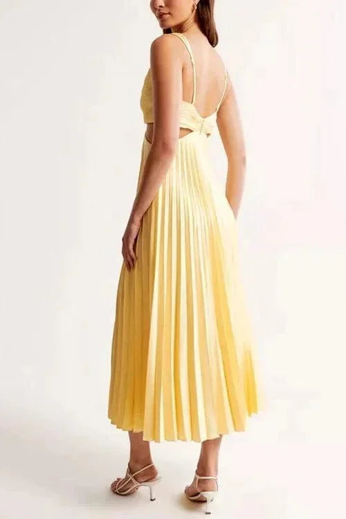 Vestido midi plisado con recortes y escote en V para mujer