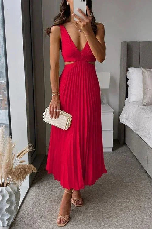 Women’s Pleated Cut-Out Midi Dress with V-Neck
