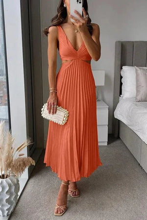 Vestido midi plisado con recortes y escote en V para mujer