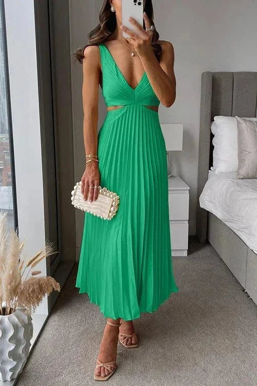 Vestido midi plisado con recortes y escote en V para mujer