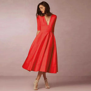 Women's 3/4 Sleeve V-Neck A-Line Midi Dress