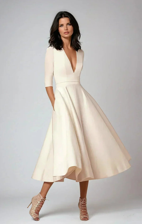 Women's 3/4 Sleeve V-Neck A-Line Midi Dress