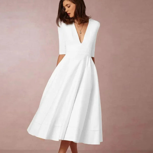 Women's 3/4 Sleeve V-Neck A-Line Midi Dress