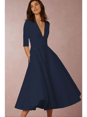Women's 3/4 Sleeve V-Neck A-Line Midi Dress