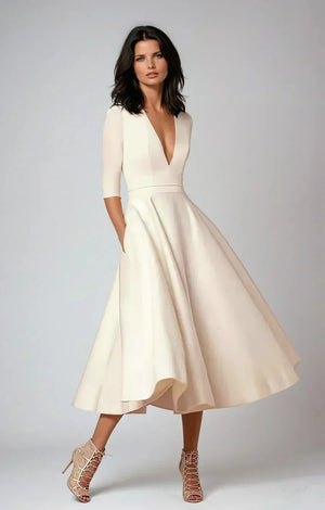 Women's 3/4 Sleeve V-Neck A-Line Midi Dress