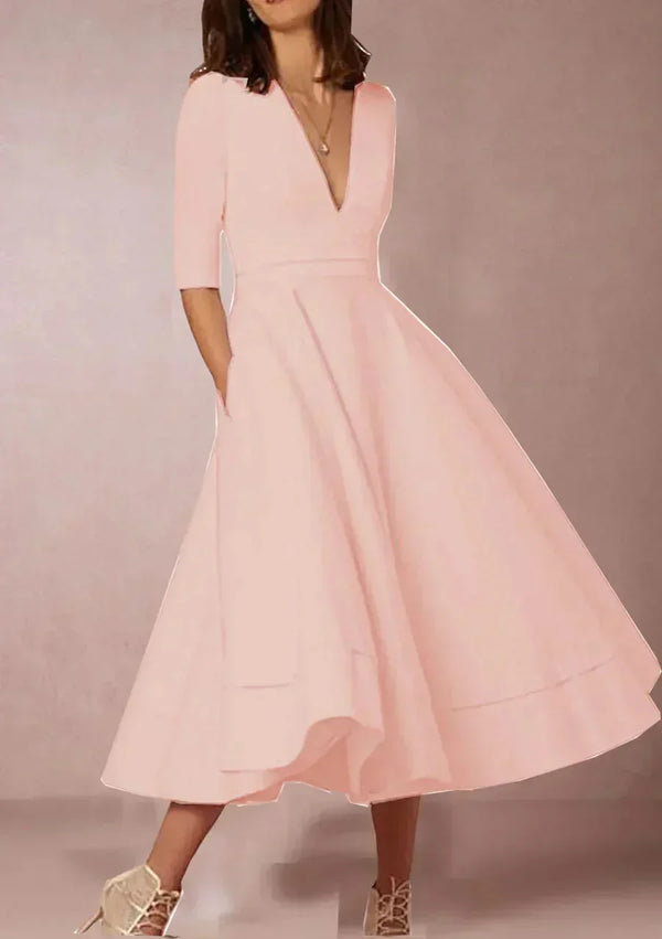 Women's 3/4 Sleeve V-Neck A-Line Midi Dress