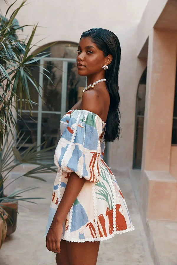 Women's Off-Shoulder Mini Dress with Puff Sleeves