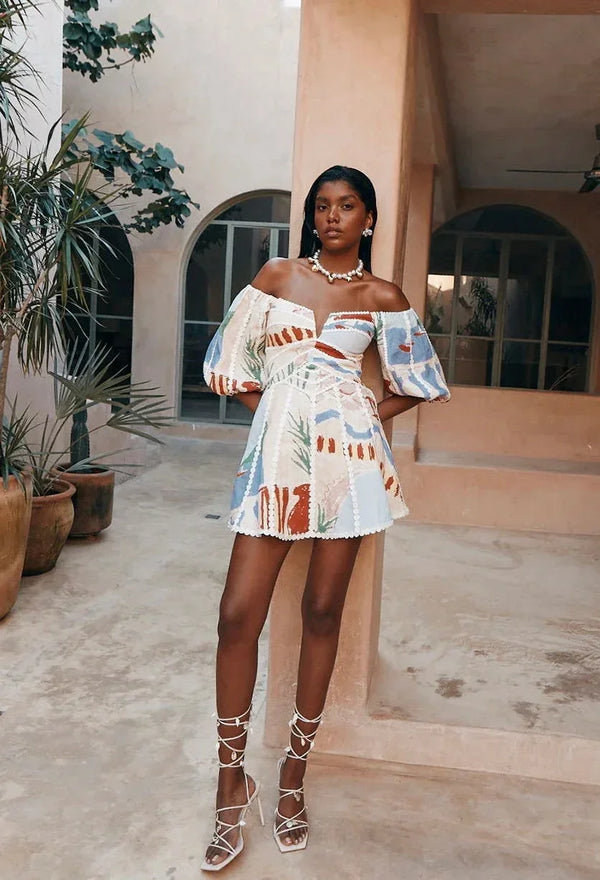 Women's Off-Shoulder Mini Dress with Puff Sleeves