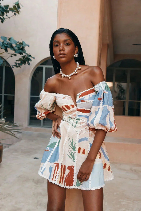Women's Off-Shoulder Mini Dress with Puff Sleeves