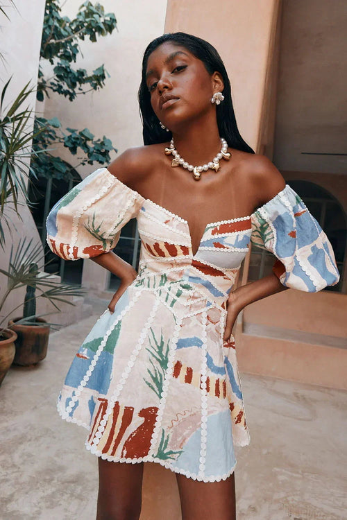 Women's Off-Shoulder Mini Dress with Puff Sleeves