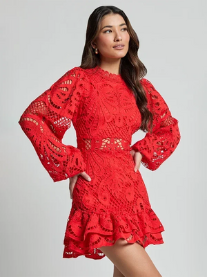 Vestido mini con mangas largas de encaje y volantes para mujer