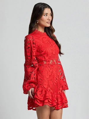 Vestido mini con mangas largas de encaje y volantes para mujer