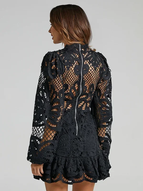 Vestido mini con mangas largas de encaje y volantes para mujer