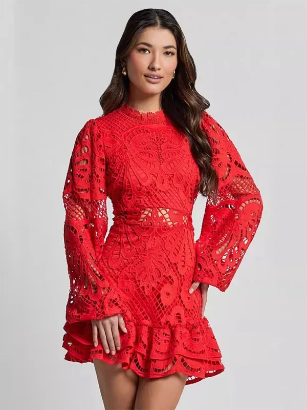 Long Sleeve Lace Ruffle Mini Dress for Women