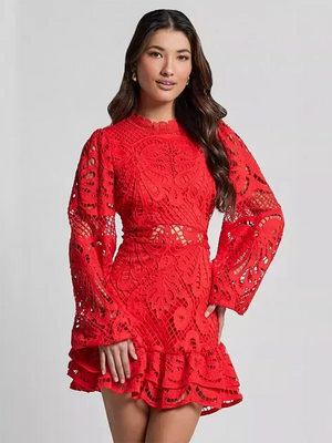Vestido mini con mangas largas de encaje y volantes para mujer