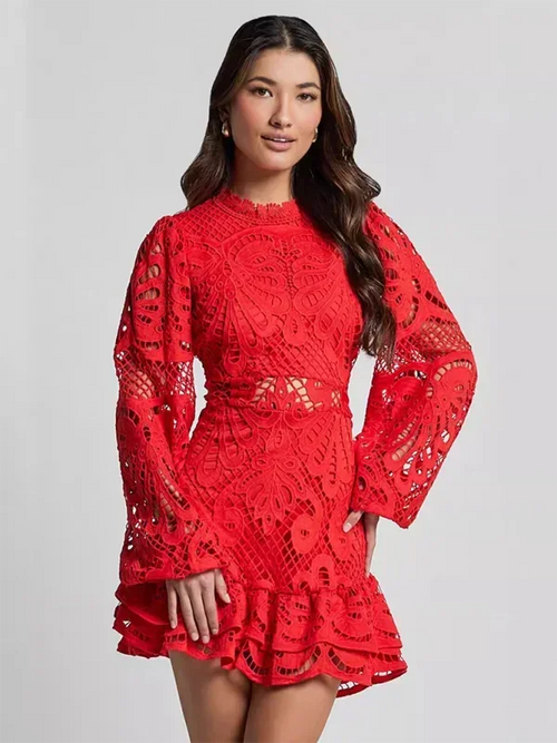 Vestido mini con mangas largas de encaje y volantes para mujer