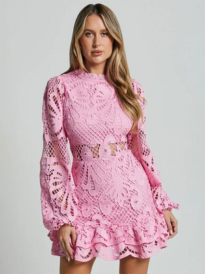 Vestido mini con mangas largas de encaje y volantes para mujer