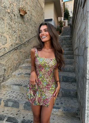 Women's Floral Print Sequin Mini Dress with Side Slit