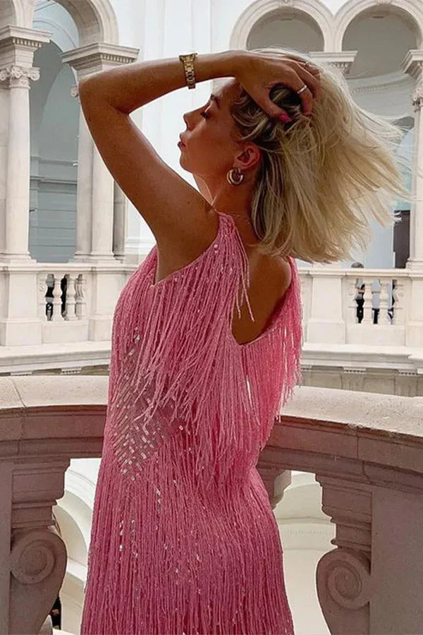 Women's Sequin Mini Dress with Flowing Fringe
