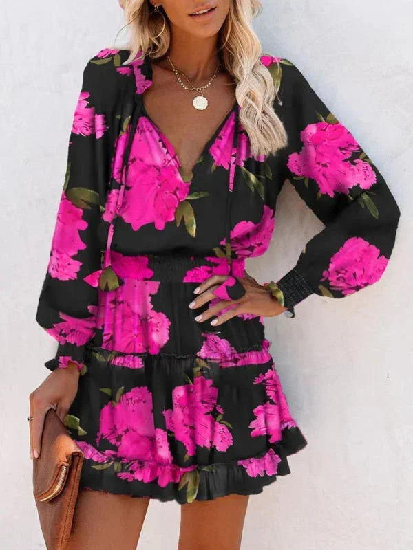 Vestido mini con volantes y estampado, de manga larga para mujer