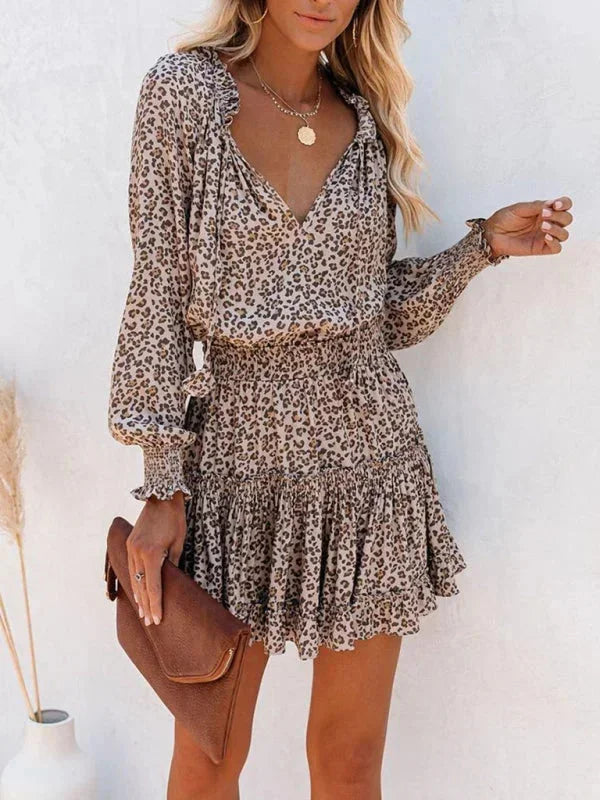 Vestido mini con volantes y estampado, de manga larga para mujer