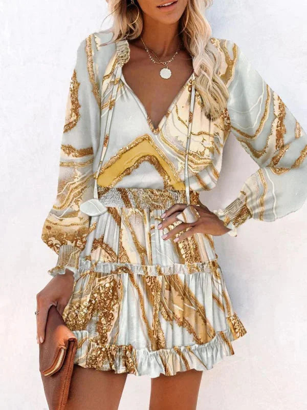 Vestido mini con volantes y estampado, de manga larga para mujer