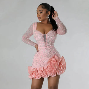 Luxury Rhinestone Ruffle Mini Party Dress for Women