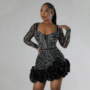 Luxury Rhinestone Ruffle Mini Party Dress for Women