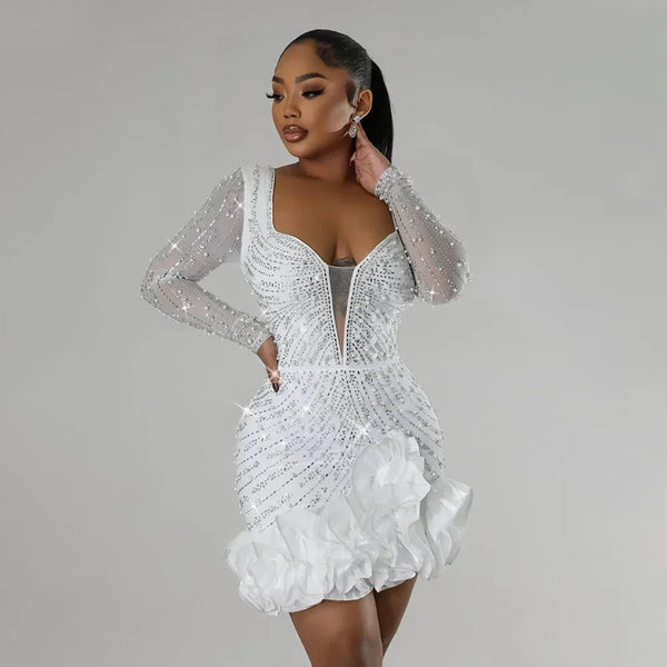 Luxury Rhinestone Ruffle Mini Party Dress for Women