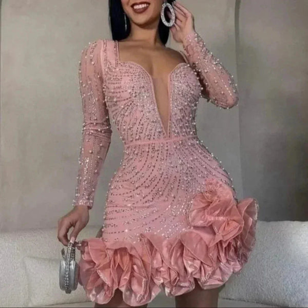Luxury Rhinestone Ruffle Mini Party Dress for Women