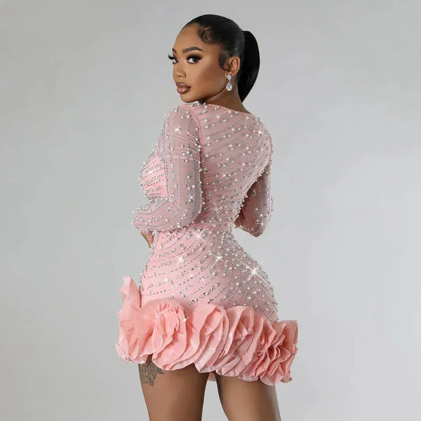 Luxury Rhinestone Ruffle Mini Party Dress for Women