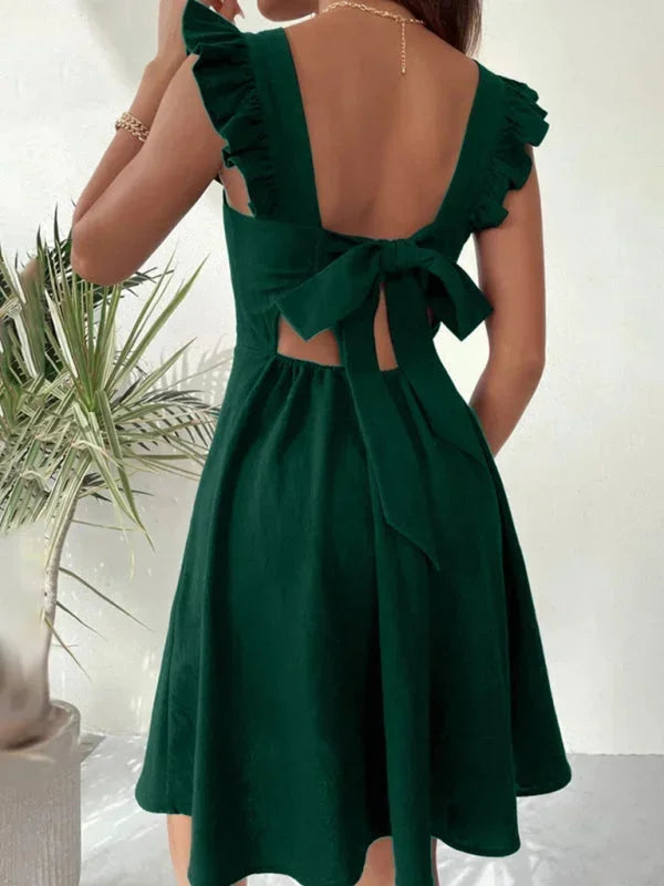 Elegant Ruffle Sleeve Back Bow Mini Dress for Women