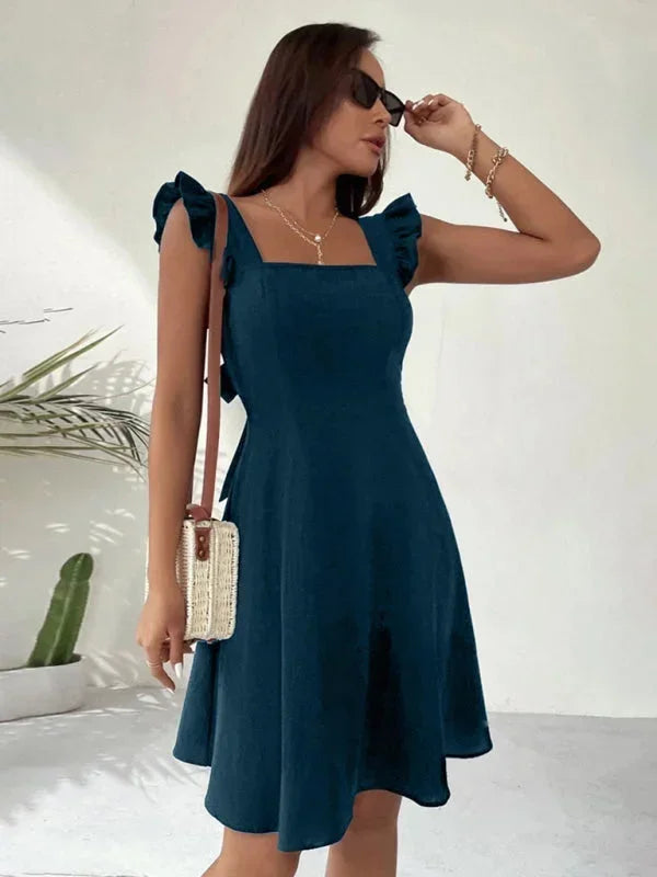 Elegant Ruffle Sleeve Back Bow Mini Dress for Women