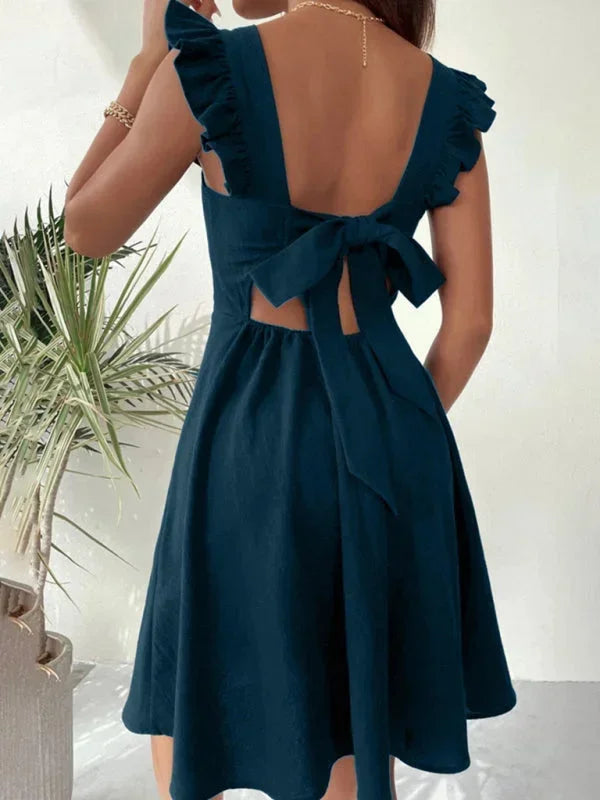 Elegant Ruffle Sleeve Back Bow Mini Dress for Women