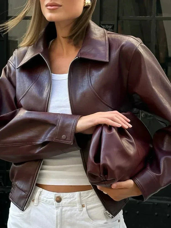 Chaqueta bomber corta para mujer de cuero sintético