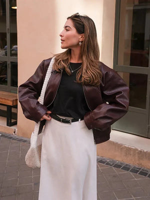 Chaqueta bomber corta para mujer de cuero sintético